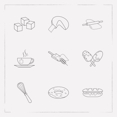 Fırın simgeler çizgi stili semboller sandviç ile ayarla, fortune cookie, çırpma teli simgeler web mobil app logo için tasarım.