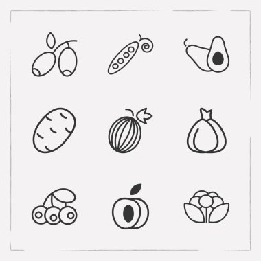 Vitamini simgeler çizgi stili sembolleri kızılcık, kayısı, bezelye ve diğer simgeler web mobil app logo tasarımı için kümesi.