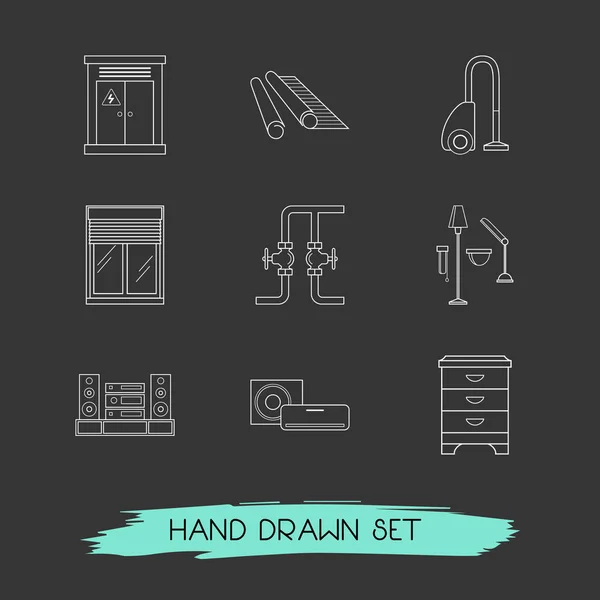 Set of interior design icons line style symbols with vacuum cleaner, window siding, bedside table and other icons for your web mobile app logo design. — Stock Photo, Image