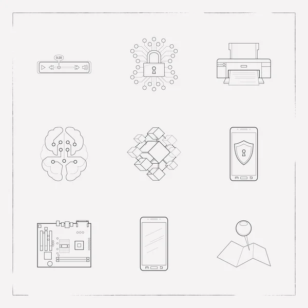 Set of tech icons line style symbols with mother board, blockchain, video control and other icons for your web mobile app logo design.