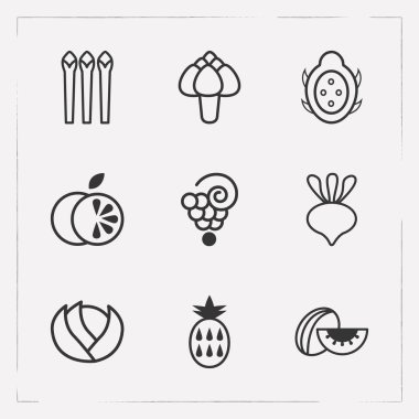 Meyve simgeler çizgi stili sembolleri dragon meyve, portakal, üzüm ve diğer simgeler web mobil app logo tasarımı için kümesi.