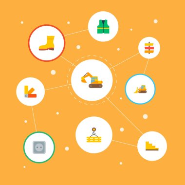 Buldozer, temizleyiciler ceket, yön işareti ve diğer simgeler web mobil app logo tasarımı için inşaat simgeler düz stil sembollerle kümesi.