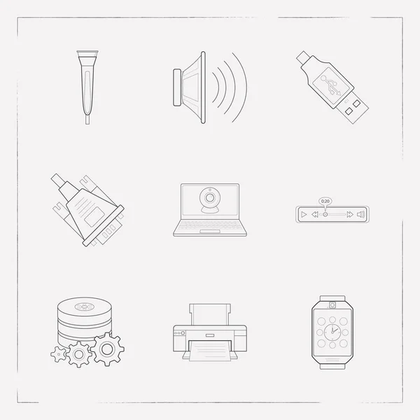 Conjunto de iconos electrónicos símbolos de estilo de línea con reloj inteligente, micrófono, enchufe vga y otros iconos para el diseño del logotipo de su aplicación móvil web . — Vector de stock