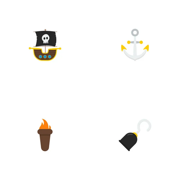 Conjunto de iconos de piratería símbolos de estilo plano con el barco, ancla, antorcha y otros iconos para el diseño del logotipo de su aplicación móvil web . — Vector de stock