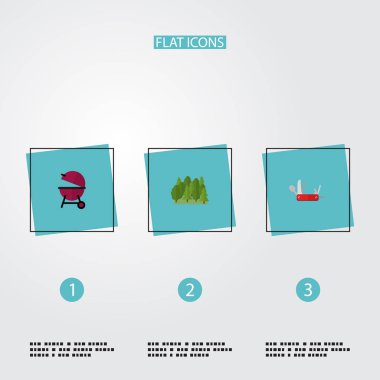 Kamp simgeler düz stil sembolleri ile Barbekü, orman, dizi çatışma bıçak ve diğer simgeler web mobil app logo tasarımı için.