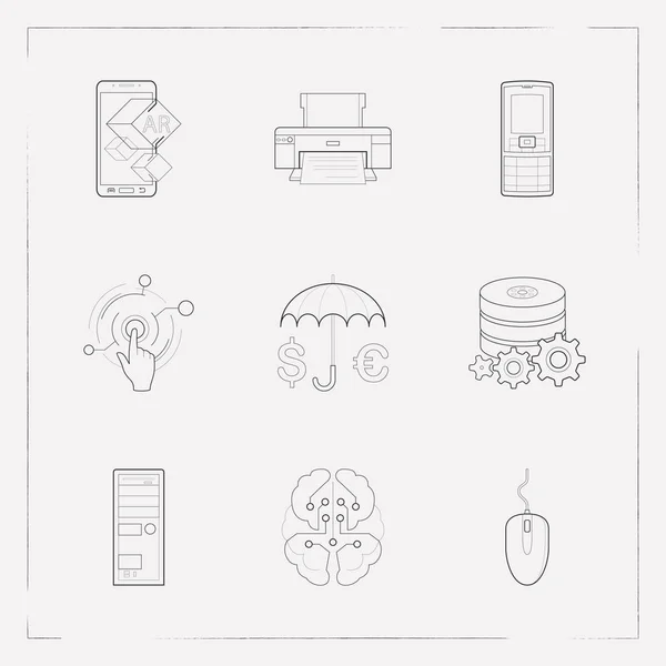 Set of tech icons line style symbols with augmented reality, virtual interactive control, system unit and other icons for your web mobile app logo design.