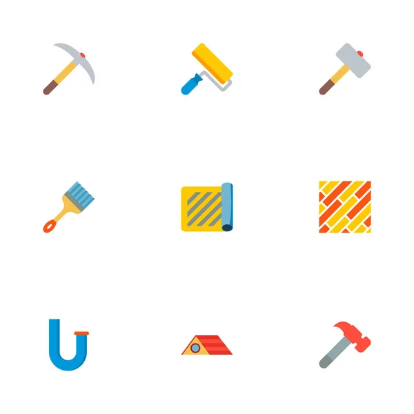 Набор строительных иконок плоского стиля с кирпичным молотком, трубой, прямоугольной кистью и другими иконками для дизайна логотипа вашего мобильного веб-приложения . — стоковое фото