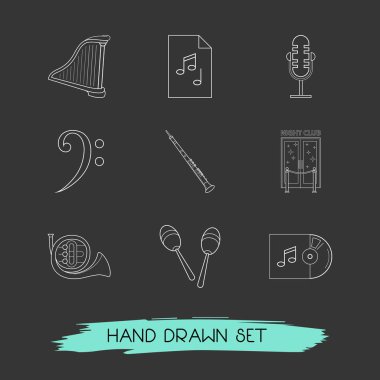 Dizi müzik simgeleri çizgi stili sembolleri marakas, albüm, ARP ve diğer simgeler web mobil app logo tasarımı için.
