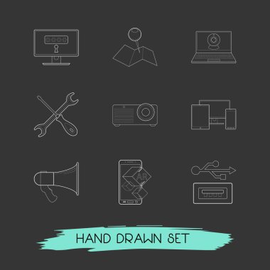 Elektronik simgeler çizgi stili sembolleri projektör, teknik destek, duyarlı tasarım ve web mobil app logo tasarımı için diğer simgeler kümesi.