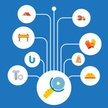 Kask, işçi eldiven, cıvata ve diğer simgeler web mobil app logo tasarımı için inşaat simgeler düz stil sembollerle kümesi.
