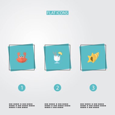 Plaj simgeler düz stil sembolleri ile lavabo, kokteyl, yengeç ve diğer simgeler web mobil app logo tasarımı için.