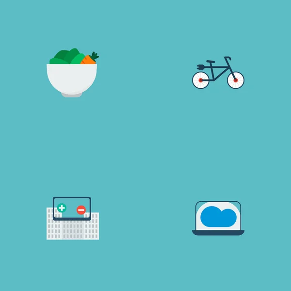 Conjunto de iconos de moda símbolos de estilo plano con bicicleta eléctrica, computación en la nube, vegano y otros iconos para el diseño del logotipo de su aplicación móvil web . — Archivo Imágenes Vectoriales