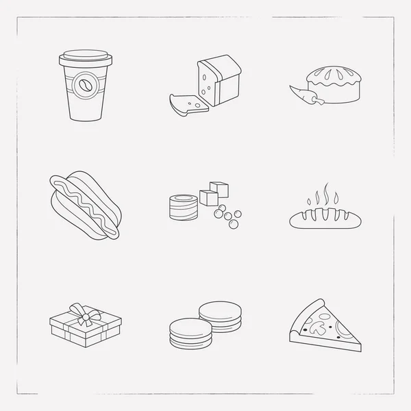 Készlet-ból desszert ikonok vonal stílus szimbólumok kenyeret, pepperoni, forró kenyeret és más ikonok a webes mozgatható app logo design. — Stock Vector