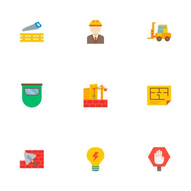 İnşaat alanında, dur işareti, yüz muhafız ve diğer simgeler web mobil app logo tasarımı için inşaat simgeler düz stil sembollerle kümesi.