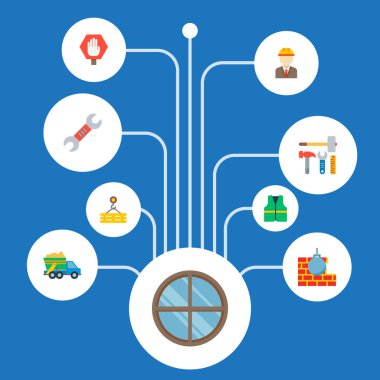 Çöp kamyonu, temizleyiciler ceket, dur işareti ve diğer simgeler web mobil app logo tasarımı için inşaat simgeler düz stil sembollerle kümesi.