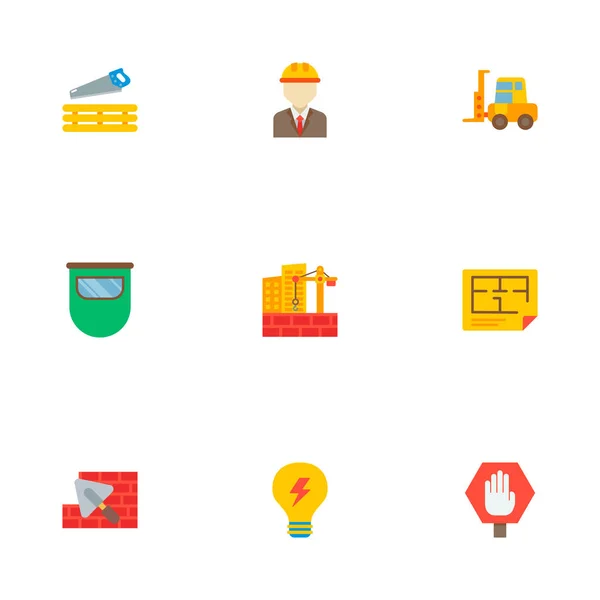 Meghatározott építési ikonok lapos stílusú szimbólumok, építési telek, stoptábla, arc őr és más ikonok a webes mozgatható app logo tervezés. — Stock Fotó