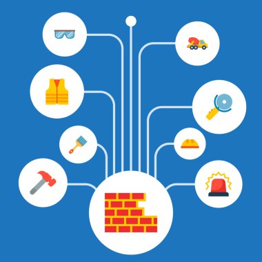 Çekiç, elektrik inşaat simgeler düz stil sembollerle dizi gördüm, düz kenarlı fırça ve diğer simgeler web mobil app logo tasarımı için.