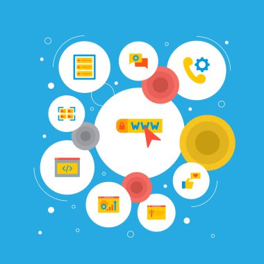 Web sitesi geliştirme simgeler düz stil sembolleri ile etki alanı, hata sayfası, veritabanı ve web mobil app logo tasarımı için diğer simgeler kümesi.