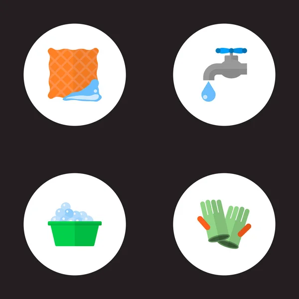 Conjunto de iconos de limpieza símbolos de estilo plano con paño, paño limpio, agua del grifo y otros iconos para el diseño del logotipo de su aplicación móvil web . — Archivo Imágenes Vectoriales