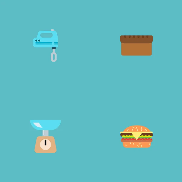 Konyhai ikonok lapos stílusú szimbólumok kenyérrel, burger, mérlegek és más ikonok a webes mozgatható app logo tervezés. — Stock Vector