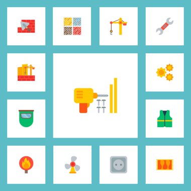 Endüstriyel simgeler düz stil sembollerle vinç tower, iş ve diğer simgeler web mobil app logo tasarımı için sondaj zemin ahşap türleri kümesi.