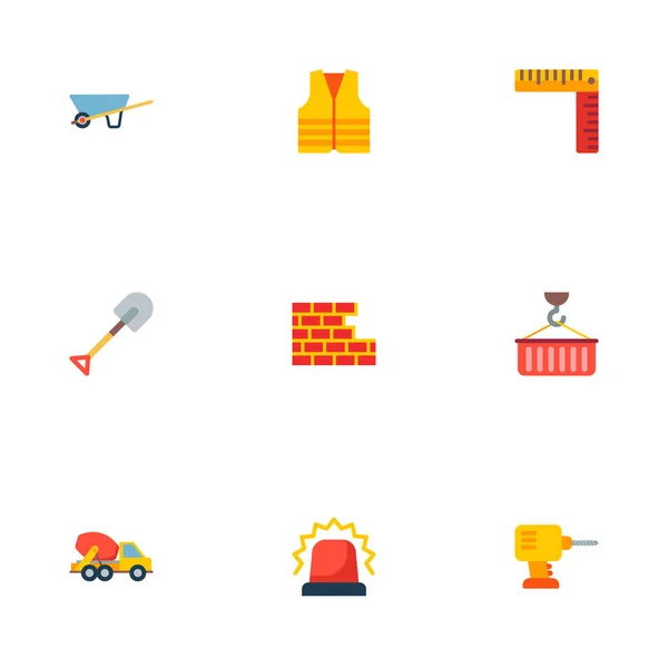 Készlet-ból ipar ikonok lapos stílusú szimbólumok, betonkeverő, biztonsági dzseki, elektromos fúró és más ikonok a webes mozgatható app logo tervezés. — Stock Vector