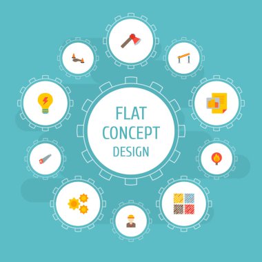 Endüstriyel simgeler düz stil sembollerle tehlikeli bölge, alev uyarı, zemin ahşap türleri ve web mobil app logo tasarımı için diğer simgeler kümesi.