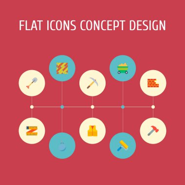 Kürek, boya fırçası, döşeme ve diğer simgeler web mobil app logo tasarımı için sanayi simgeleri düz stil sembollerle kümesi.