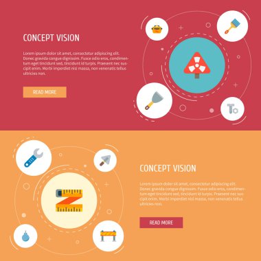 Ölçme, radyasyon uyarı, cıvata ve diğer simgeler web mobil app logo tasarımı için inşaat simgeler düz stil sembollerle kümesi.