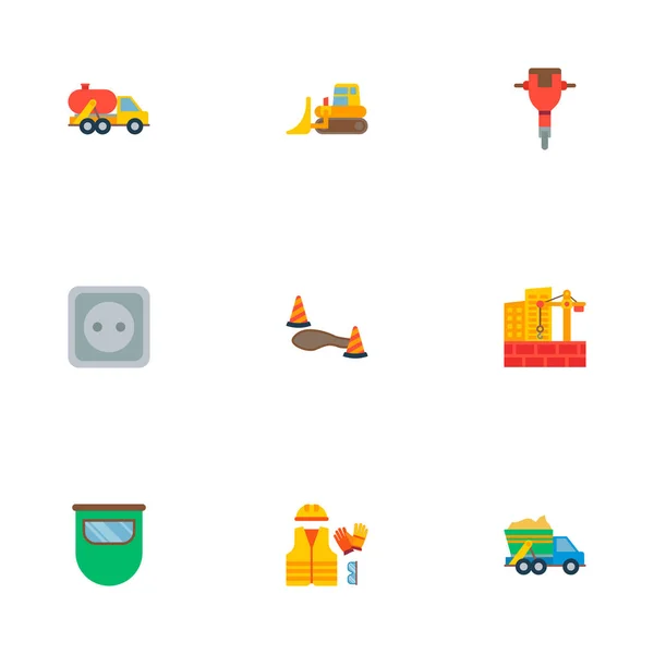 Meghatározott építési ikonok lapos stílusú szimbólumok, légkalapács, szemeteskocsi, tank teherautó és más ikonok a webes mozgatható app logo tervezés. — Stock Vector