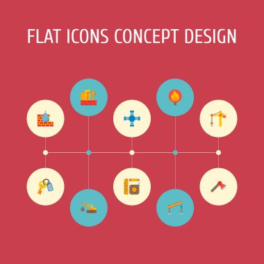 Açık bariyer, anahtarlar, Vinç kule ve diğer simgeler web mobil app logo tasarımı için inşaat simgeler düz stil sembollerle kümesi.