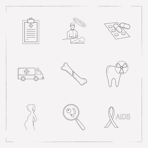 Tıbbi kayıt, HIV şerit, hap ve diğer simgeler web mobil app logo tasarımı için anatomik simgeler çizgi stili sembollerle kümesi. — Stok Vektör