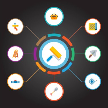 Mala, araç kutusu, kürek ve diğer simgeler web mobil app logo tasarımı için sanayi simgeleri düz stil sembollerle kümesi.