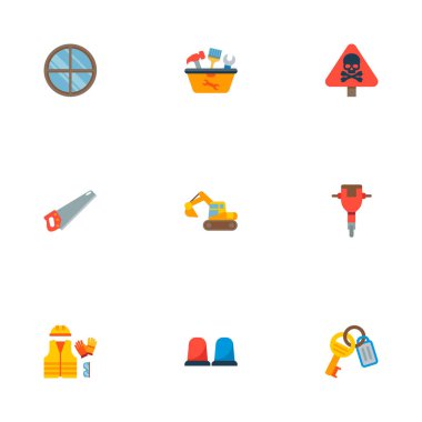 Anahtarlar, kırıcı, araç kutusunda ve diğer simgeler web mobil app logo tasarımı için inşaat simgeler düz stil sembollerle kümesi.