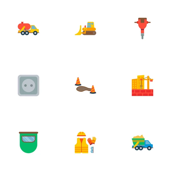 Set bouw pictogrammen vlakke stijl symbolen met jackhammer, vuilniswagen, tankwagen en andere pictogrammen voor uw web mobiele app logo ontwerp. — Stockfoto