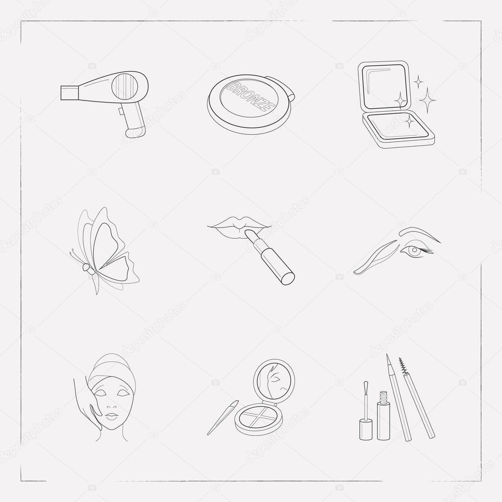 Set of fashion icons line style symbols with eyebrow plucking, bronzer, face powder and other icons for your web mobile app logo design.