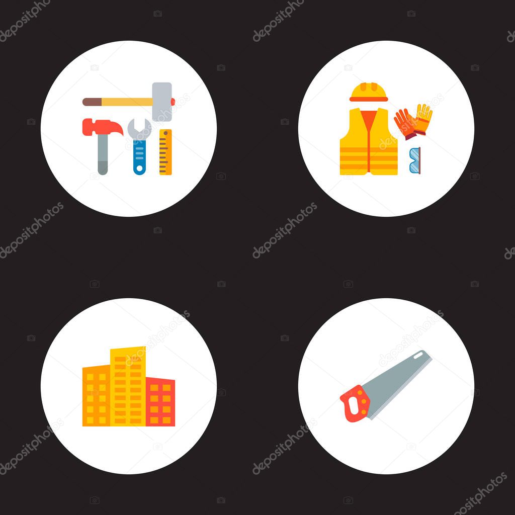 Set of construction icons flat style symbols with high buildings, construction tools, protective costume and other icons for your web mobile app logo design.