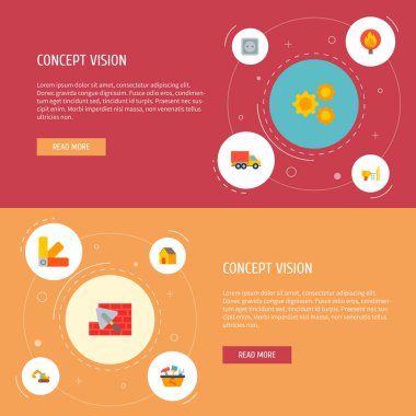 İnşaat simgeler düz stil sembolleri ile tuğla döşeme, araç kutusunda, priz ve web mobil app logo tasarımı için diğer simgeler kümesi.