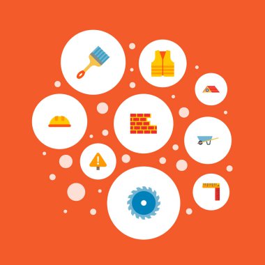 Tekerlek barrow, düz kenarlı fırça, Emanet ceket ve diğer simgeler web mobil app logo tasarımı için sanayi simgeleri düz stil sembollerle kümesi.