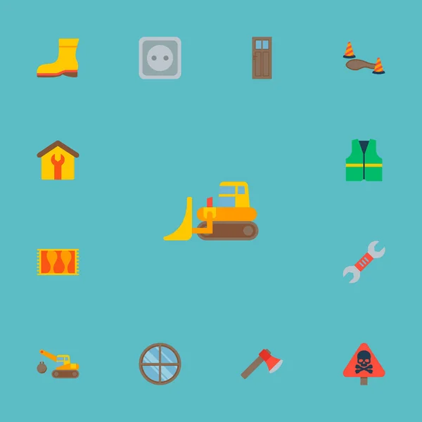 Conjunto de ícones de construção símbolos de estilo plano com jaqueta de limpadores, machado, bulldozer e outros ícones para o design do logotipo do aplicativo móvel da web . — Fotografia de Stock