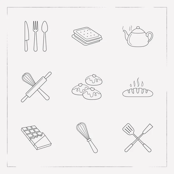 Σύνολο τροφίμων εικονίδια γραμμή στυλ συμβόλων με τσαγιέρα, ζεστό ψωμί, σπάτουλα και άλλα εικονίδια για το σχεδιασμό λογοτύπου σας web εφαρμογή για κινητά. — Φωτογραφία Αρχείου