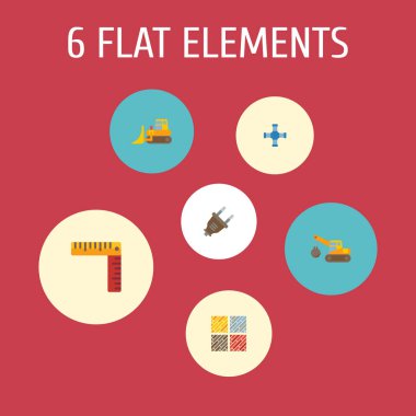 Cetvel, buldozer, zemin ahşap türleri ve diğer simgeler web mobil app logo tasarımı için sanayi simgeleri düz stil sembollerle kümesi.