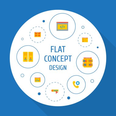Web analytics, takım sayfası, ürünler sayfası ve diğer simgeler web mobil app logo tasarımı için geliştirme simgeler düz stil sembollerle kümesi.