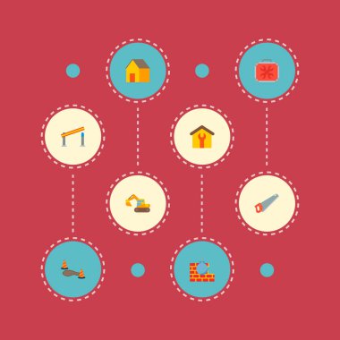 Topu bozma ile endüstriyel simgeler düz stil kümesi semboller, eli gördü, ekskavatör simgeler web mobil app logo tasarımı için.