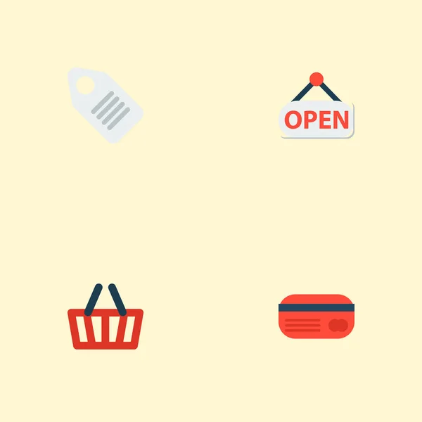 Conjunto de iconos de tienda símbolos de estilo plano con tiempo de apertura, cesta, etiqueta de precio y otros iconos para el diseño del logotipo de su aplicación móvil web . — Vector de stock