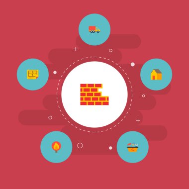 Endüstriyel simgeler düz stil sembollerle ev, tuğla duvar, araç kutusunda ve web mobil app logo tasarımı için diğer simgeler kümesi.