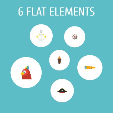 Spyglass, meşale, kontrol eden dümen ve diğer simgeler web mobil app logo tasarımı için korsan simgeler düz stil sembollerle kümesi.