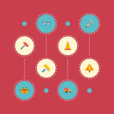 Koruyucu gözlük, uyarı koni, macun bıçak ve diğer simgeler web mobil app logo tasarımı için inşaat simgeler düz stil sembollerle kümesi.