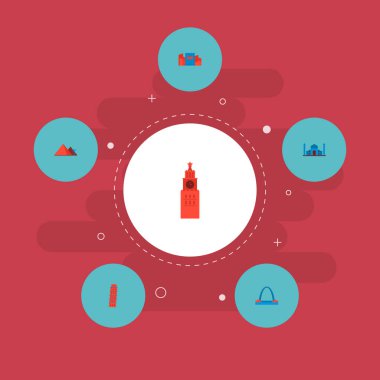 Taj mahal, gateway arch, shibuya ve diğer simgeler web mobil app logo tasarımı için anıt simgeler düz stil sembollerle kümesi.