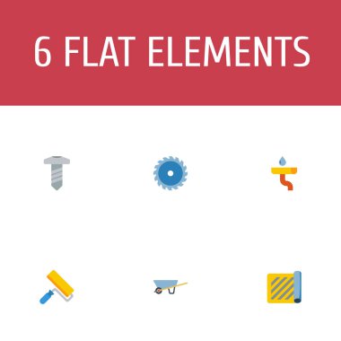 İnşaat simgeler düz stil sembolleri daire testere, vidalı, oluk ve web mobil app logo tasarımı için diğer simgeler kümesi.